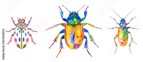 Hand drawn watercolor beetles showcase vibrant colors and intricate patterns, capturing essence of these fascinating animals lively jump