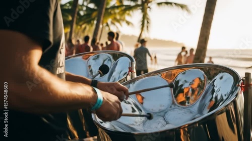 Steelpan Music on a Tropical Beach: Performance at Sunset with Crowd and Palm Trees