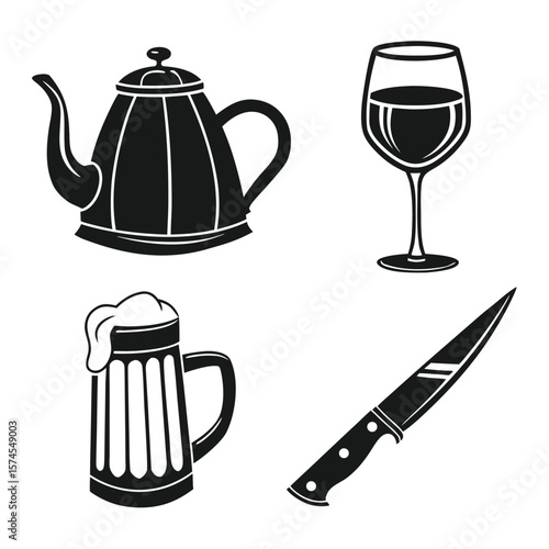 Black tribal silhouettes of teapot beer mug wine glass and knife vector