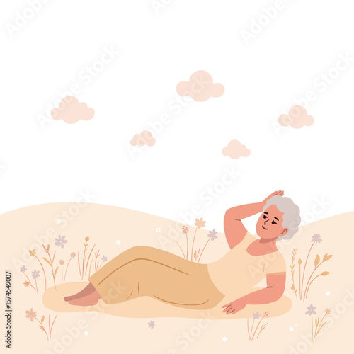 Elderly woman looking at clouds. Senior lady enjoying quiet nature moment. Peaceful old woman lying in flower field. Retired woman admiring the sky and weather. Elderly set