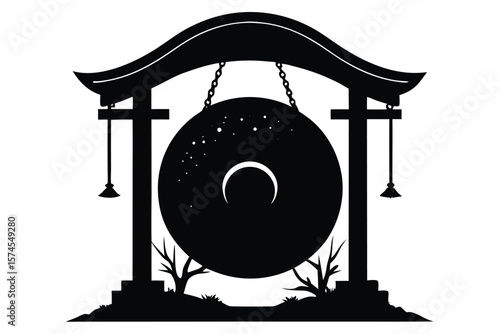 Silhouetted gong under a traditional asian torii gate with celestial details