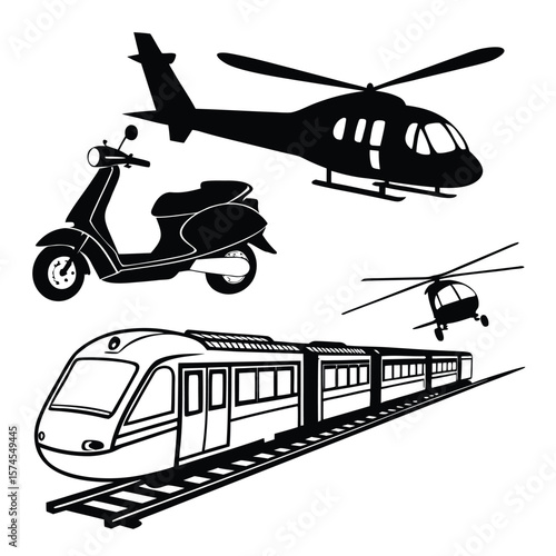 Black silhouettes of helicopter train and scooter transportation