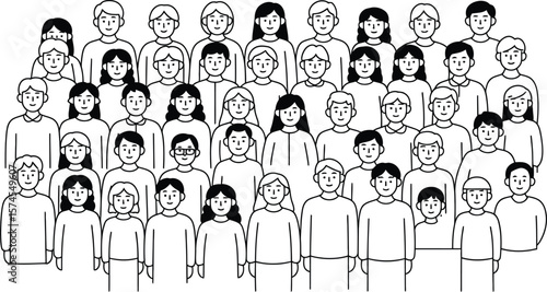 Illustration of a large crowd of people in black and white line art style with various hairstyles