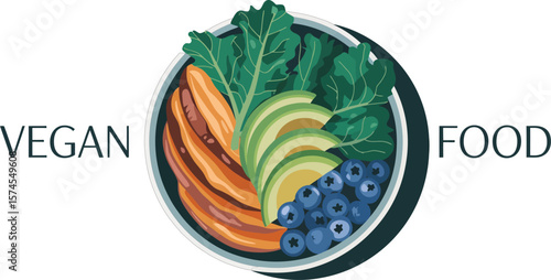 A vegan bowl with sweet potato avocado kale and blueberries on a light background with text beside it