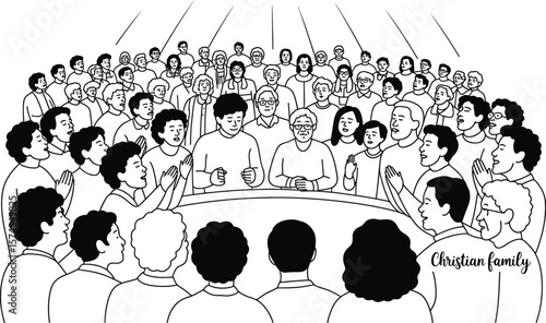 Illustration of a large group of people praying together under shining light in black and white style