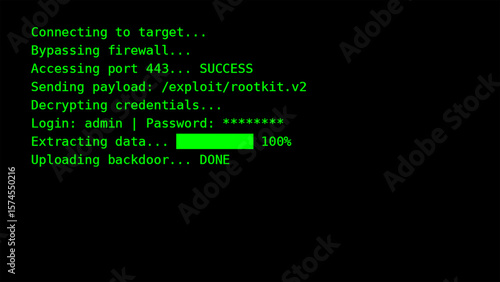 Fotografija Hacker Terminal Screen with Cyber Attack Simulation on Black Background - Green