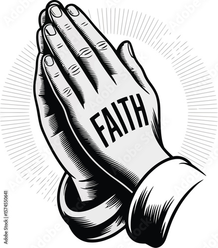 Illustration of praying hands with the word faith tattooed on the hand in black and white art