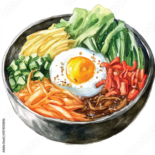 Watercolor Depiction of Bibimbap a Korean Rice Bowl with SunnySideUp Egg