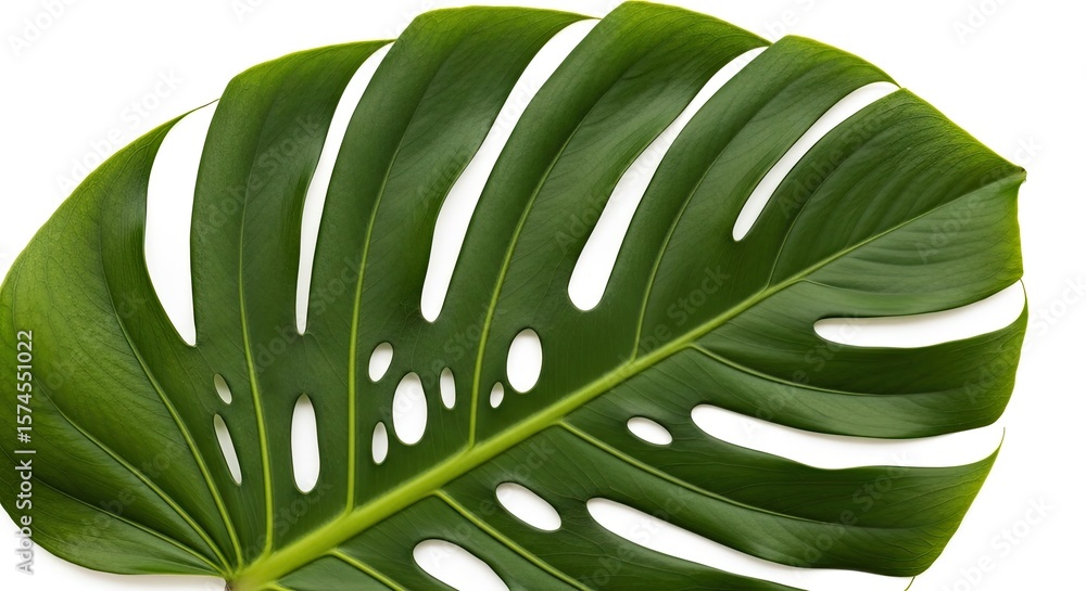 Obraz premium Unique Dark Green Monstera Leaf Segment Fenestrations Top Down View Botanical Art