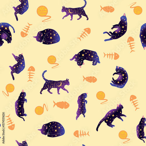 Mystical seamless pattern of cats in boho style, silhouette collection. Esotericism and mysticism, occultism. Cartoon flat vector illustrations, isolated