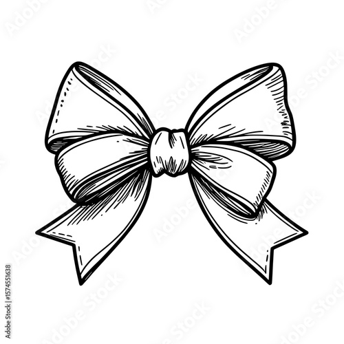 Hand drawn decorative bow ribbon sketch illustration in black and white icon style for design