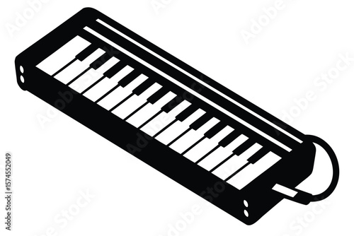 Black and white illustration of a melodica keyboard instrument with a mouthpiece