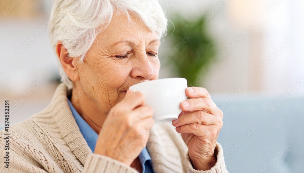 Portrait of a Smiling Elderly Woman Enjoying a Hot Beverage at Home, Sitting Comfortably in a Cozy Living Room, Representing Relaxation, Wellness, and Peaceful Aging in a Bright Minimalist Interior
Portrait of a Smiling Elderly Woman Enjoying a Hot Beverage at Home, Sitting Comfortably in a Cozy Living Room, Representing Relaxation, Wellness, and Peaceful Aging in a Bright Minimalist Interior