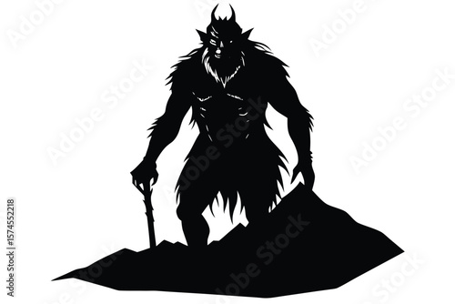 Fierce silhouette of a horned creature standing on rocky terrain