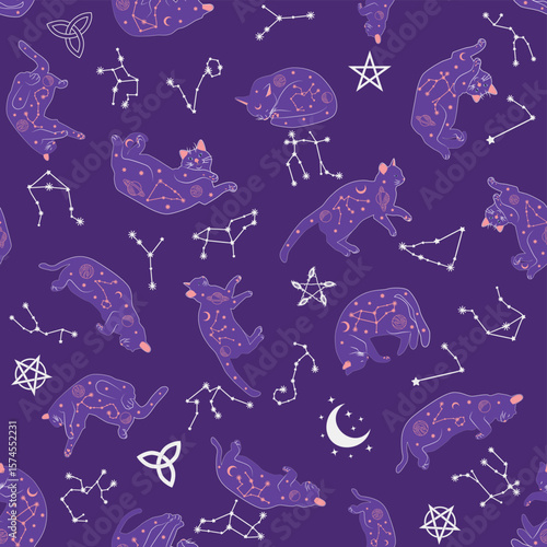 Mystical seamless pattern of cats in boho style, silhouette collection. Esotericism and mysticism, occultism. Cartoon flat vector illustrations, isolated
