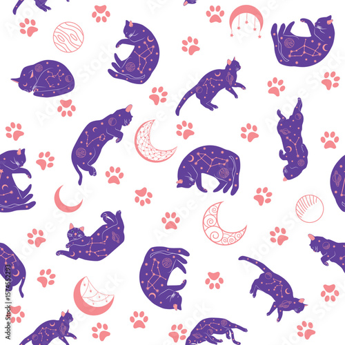 Mystical seamless pattern of cats in boho style, silhouette collection. Esotericism and mysticism, occultism. Cartoon flat vector illustrations, isolated