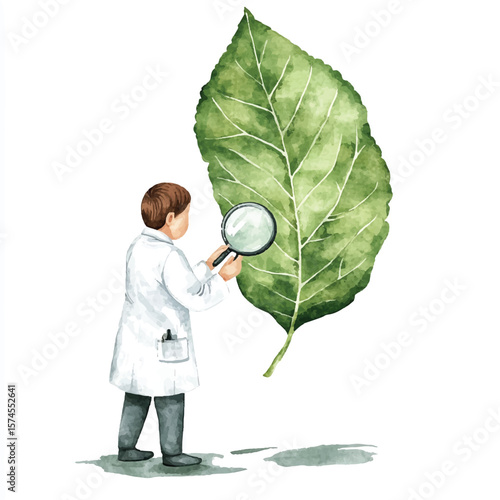 Watercolor depiction of scientist examining a large green leaf with magnifying glass