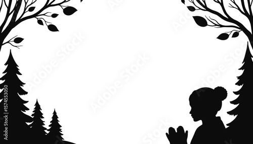 Silhouette autumn frame with person in wool hat gloves, seasonal cozy border