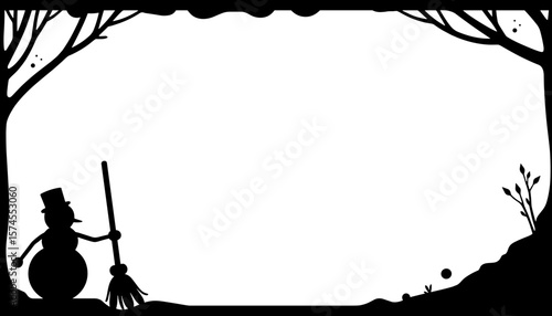 Winter snowman silhouette with broom, holiday season copyspace