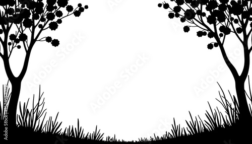 Silhouette of trees and grass on white background, nature copyspace