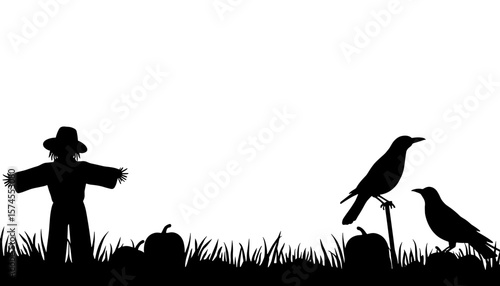 Silhouette of scarecrow with crows and pumpkins, autumn harvest theme