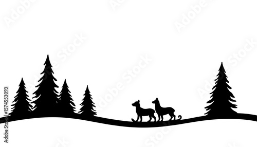 Silhouette of winter forest with sled dogs, seasonal outdoor adventure
