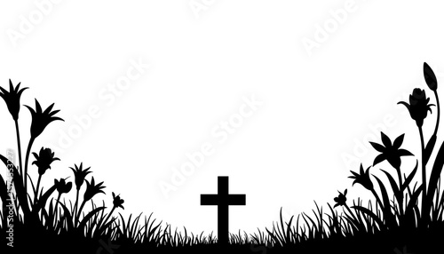 Silhouette of cross with lilies, Easter religious symbol copyspace