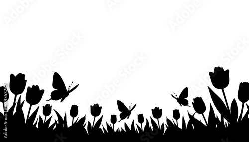 Silhouette of tulips and butterflies, Easter spring decoration copyspace