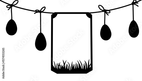 Silhouette Easter frame with hanging egg garland, festive spring decoration