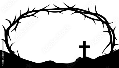 Silhouette of crown of thorns and cross, Easter sacrifice symbol, faith copyspace
