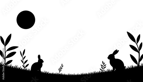 Silhouette of Easter bunnies under sun, spring holiday nature scene