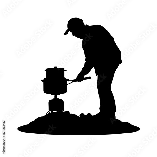 Silhouette of person lighting camping stove, outdoor cooking and adventure