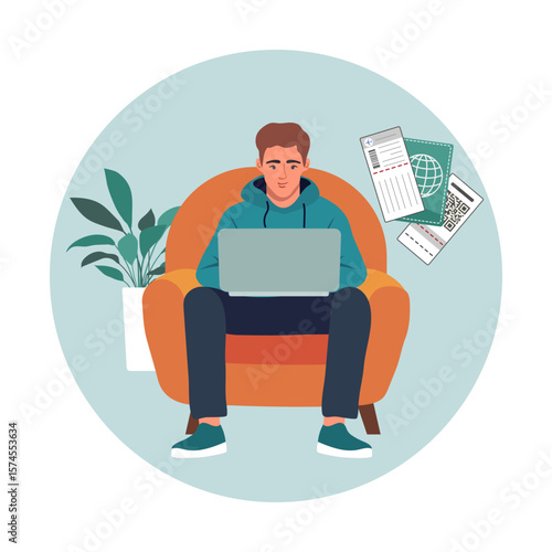 Man using laptop on chair with travel documents and passport, concept of remote work or travel