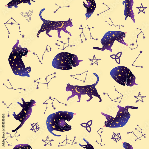 Mystical seamless pattern of cats in boho style, silhouette collection. Esotericism and mysticism, occultism. Cartoon flat vector illustrations, isolated