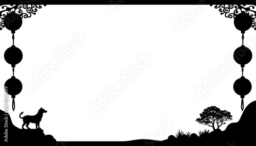 Chinese New Year silhouette with lanterns and dog, festive frame design, copyspace