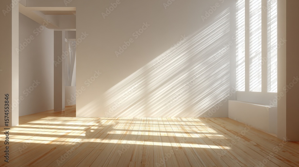 Obraz premium Bright empty room with sunlight streaming through large window creating shadows on the wooden floor and clean minimalist interior space