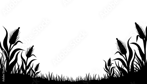 Silhouette of corn stalks and husks frame, autumn harvest icon with copyspace