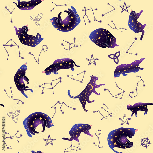 Mystical seamless pattern of cats in boho style, silhouette collection. Esotericism and mysticism, occultism. Cartoon flat vector illustrations, isolated