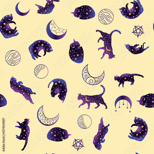 Mystical seamless pattern of cats in boho style, silhouette collection. Esotericism and mysticism, occultism. Cartoon flat vector illustrations, isolated