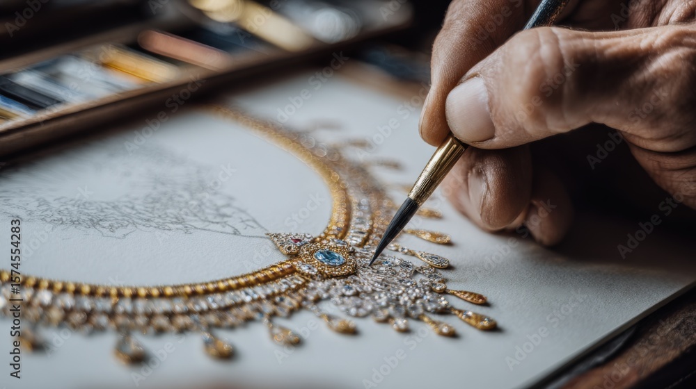 Obraz premium Close-up of skilled jeweler's hand working on intricate diamond necklace with precision tools in detailed workshop environment