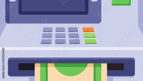 An illustration of an ATM machine dispensing cash, showing the money being withdrawn.