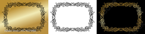 Decorative frames, isolated vector image, design element for postcards and typography, three design variants - on gold, transparent and black backgrounds