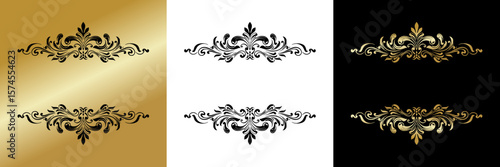 Elegant vintage symmetrical dividers for text, isolated vector image, design element for postcards and typography, three design variants - on gold, transparent and black backgrounds