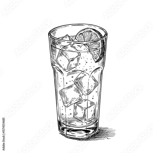 Refreshing drink with ice and lemon slice in a glass on a white background copy space