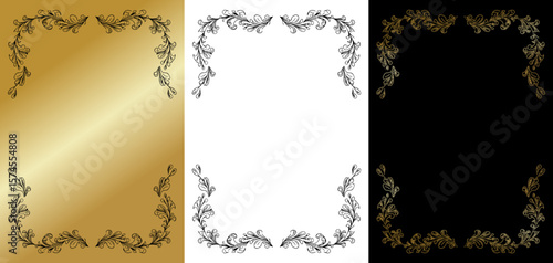 Decorative frame design, isolated vector image, design element for postcards and typography, three design variants - on gold, transparent and black backgrounds