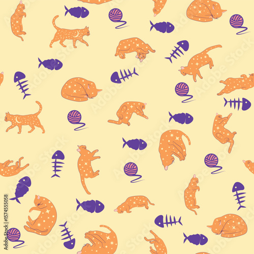 Mystical seamless pattern of cats in boho style, silhouette collection. Esotericism and mysticism, occultism. Cartoon flat vector illustrations, isolated