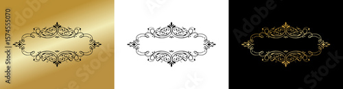 Decorative frame design elements, isolated vector image, design element for postcards and typography, three design variants - on gold, transparent and black backgrounds