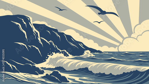 hyperrealistic ocean painting at dawn stormy wave