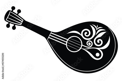 Black silhouette of a mandolin with ornate white scrollwork decoration