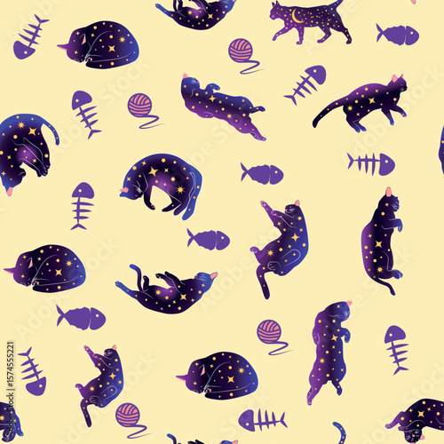 Mystical seamless pattern of cats in boho style, silhouette collection. Esotericism and mysticism, occultism. Cartoon flat vector illustrations, isolated